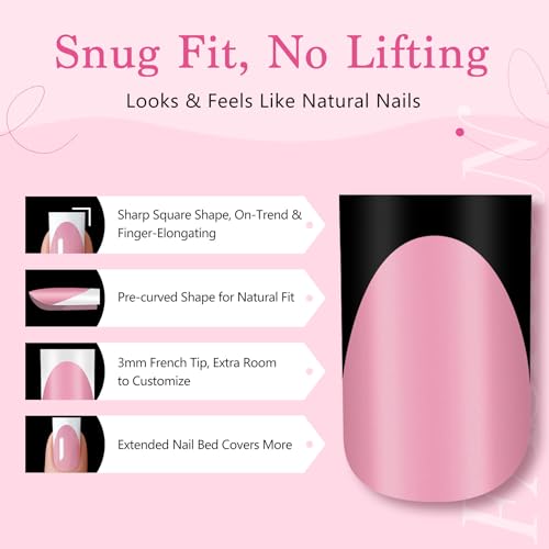 Black French Tip Press-On Nails Set - Short Square 150 Pcs with Deep Pink & Black Variation