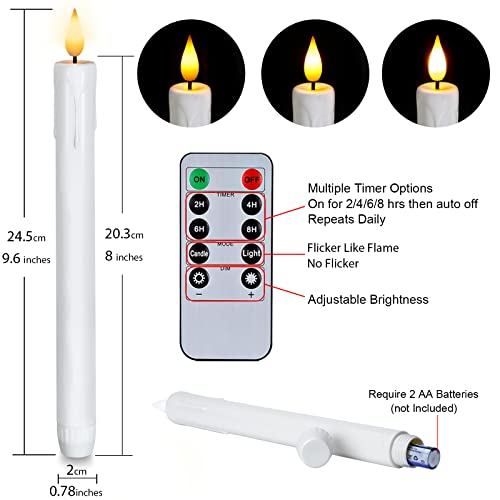 Homemory 12 Pcs White Flameless Taper Candles with Remote Timer - Safe Indoor LED Candlesticks, 9.6 Inches