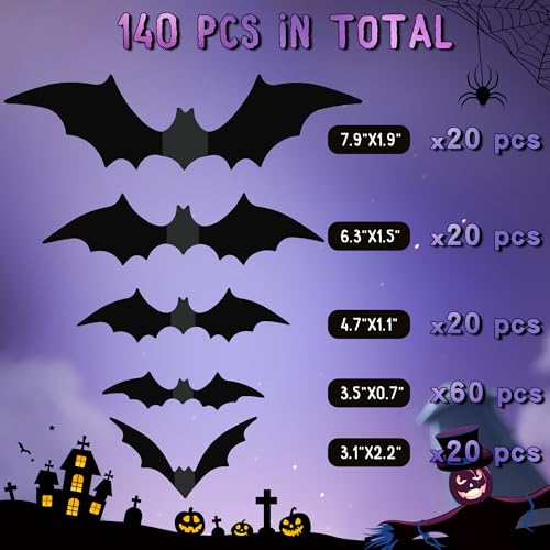 Halloween Bat Decorations Set - 140pcs Realistic PVC 3D Wall Stickers - 4 Sizes, Spooky Halloween Party Decor - Variation of THIS listing