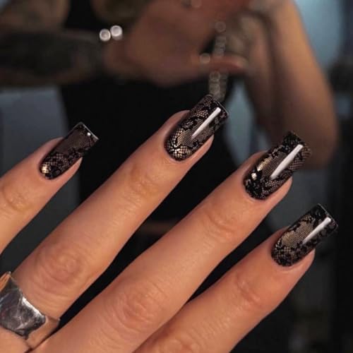 BABALAL Press On Nails Medium Square Black Lace Full Cover with Glossy Finish - Variation O04-01