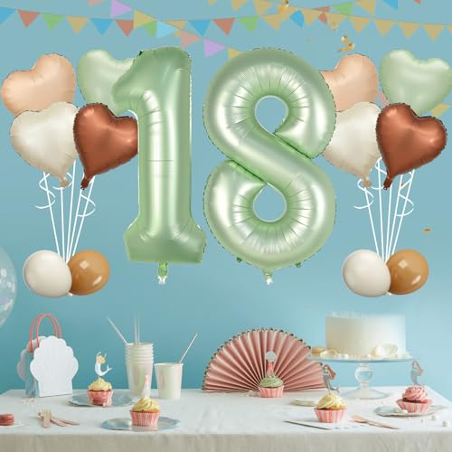 Sage Green 18th Birthday Balloons Set - Foil Number 18 & Heart Decorations