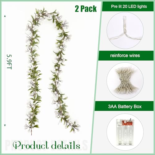 Joyhalo 2-Pack Battery-Operated Christmas Garland with Lights & White Berries – 5.9Ft