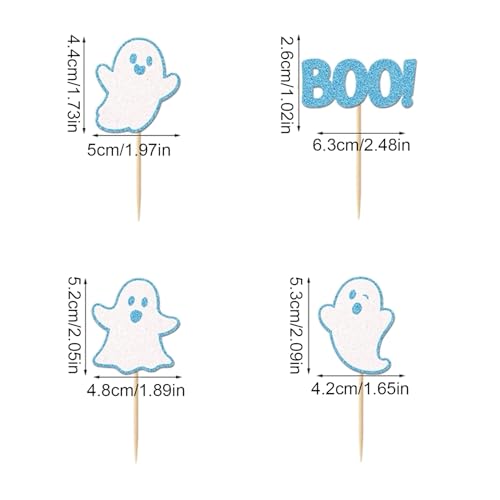 Blue Halloween Ghost Cupcake Toppers - 24 Pcs Party Decor, No Assembly