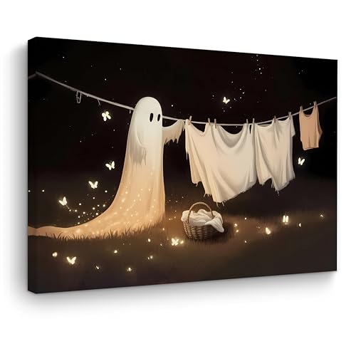 Halloween Ghost Wall Art Canvas - Framed Art for Haunted Decor - Variation of Ghost