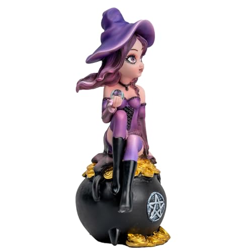 Purple Witch Resin Statue on Cauldron with Crystal Ball & Gold Coins - Whimsical Gothic Decor - Variation of THIS listing
