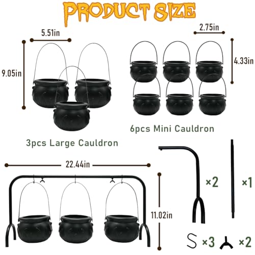 Halloween Cauldron Set with Rack - 3 Large & 6 Mini Black Plastic Cauldrons for Party Decor