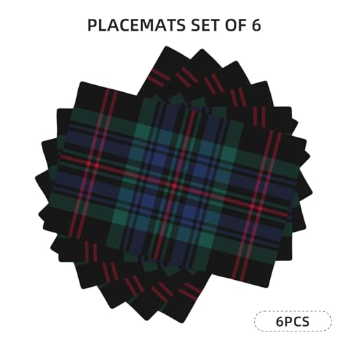 Reversible Plaid Placemat Set of 6 - 12x18 Inches, Blue & Black Farmhouse Style