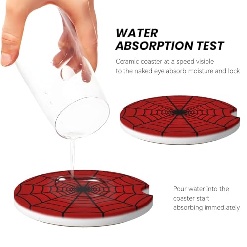 Red Spider Web Car Coasters Set - 2 Pack 2.56 Inch Absorbent Ceramic