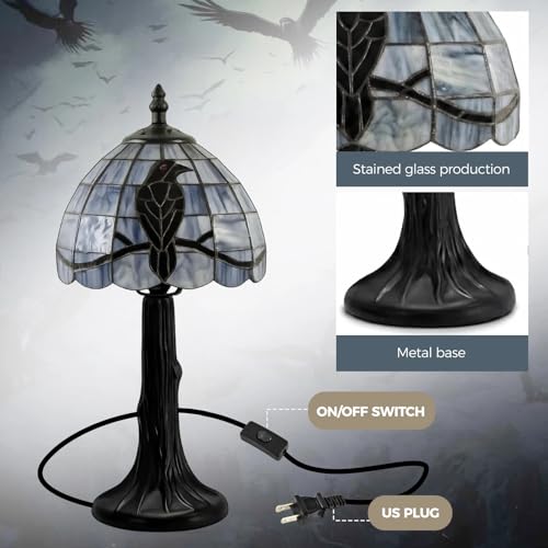 Vintage Stained Glass Raven Lamp - Handcrafted Gothic Table Light with 6Wx12.5H Variation