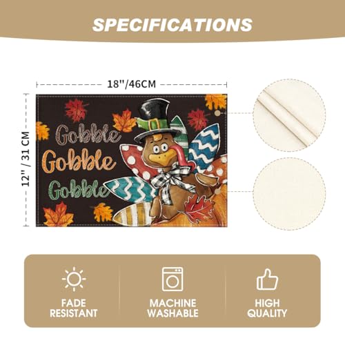 Black Gobble Turkey Fall Harvest Placemats Set of 4 - 12x18 Inch Rectangular Halloween Decor