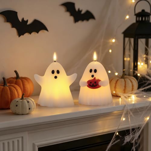 Ghost Flameless Candles with Timer - Real Wax Halloween Decor - 2 Pack - Ghost Variation
