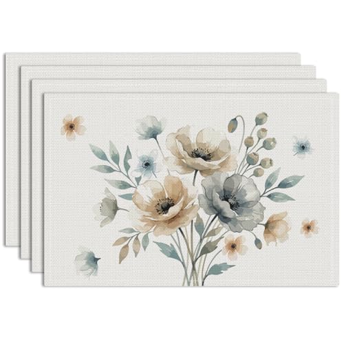 Soft-Toned Poppies Floral Spring Placemats Set of 4 - Boho Minimalist Home Decor