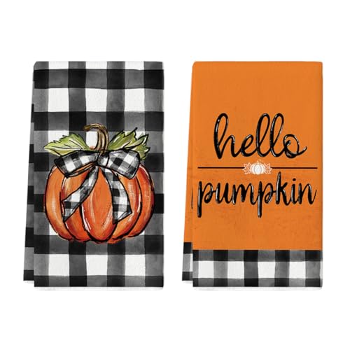 Hello Pumpkin Fall Kitchen Towels Set of 2 - 18x26 Inch Absorbent Dish Towels