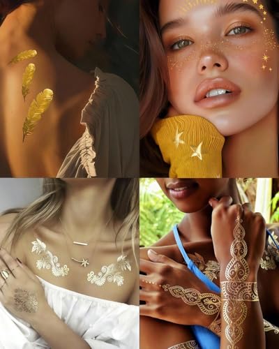 Feather Mandala Floral Gold Metallic Temporary Tattoos - 9 Sheets, Waterproof & Easy to Apply