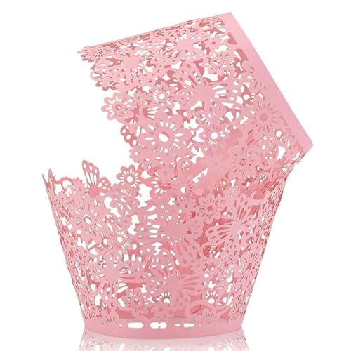 Pink Cupcake Wrappers 50Pcs Lace Laser Cut Cake Paper Wraps for Wedding Party