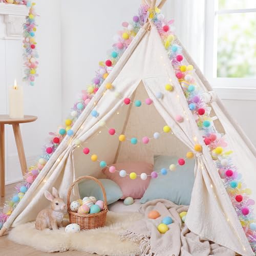 Colorful Easter Pom Pom Garland - Large 1.18 Inch Felt Balls, 13 Ft Spring Decor