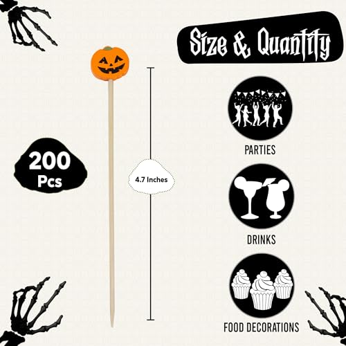 Halloween Toothpicks 200 Pcs - Bamboo Cocktail Picks for Appetizers & Drinks - Halloween Party Decorations - Variation of Halloween Picks