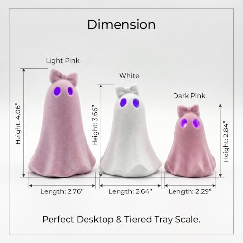 Pink Flocked Halloween Ghost Figurines Set with LED Timer - Cute Decor