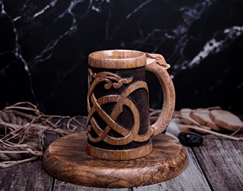 Norse Empire Wooden Beer Mug 20Oz Urnes Style Handcrafted Viking Gift - Carved Mug Variation