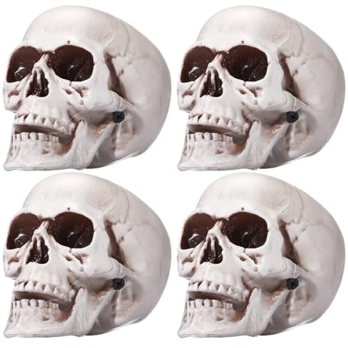 Sratte 4.3 Inch Halloween Plastic Human Skull Decorations - Realistic Fake Head Bones (Set of 4)