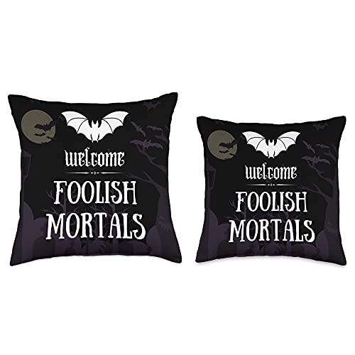 Halloween Spooky Welcome Foolish Mortals Throw Pillow 18x18 - Black Bat Graveyard