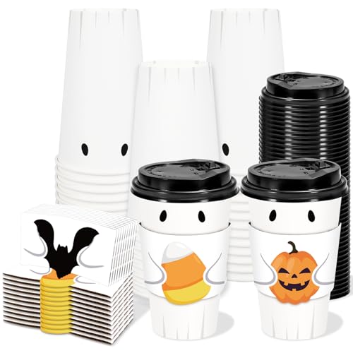 White 16 Oz Halloween Disposable Coffee Cups with Lids, Bat & Pumpkin Sleeves - 60 Set