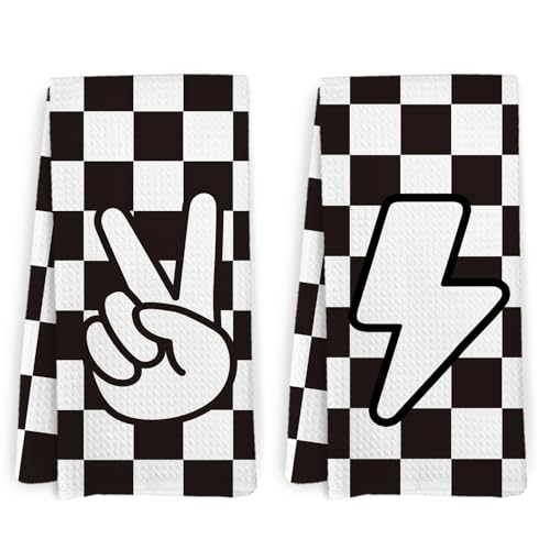 Yee Lightning Checkered Kitchen Towels Set of 2 - Black and White Checkered Dishcloths - Kitchen & Bathroom Decor