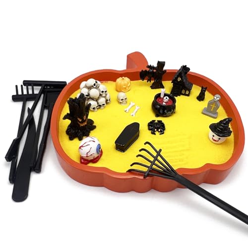 Halloween Pumpkin Zen Garden Desk Decor - Gothic Spooky Coffin Tray with Figurines Variation of PUMPKIN