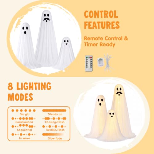 Outdoor Light-Up Ghost Decorations Set - Spooky Halloween Yard Props, 3 Pcs with Warm LED Lights