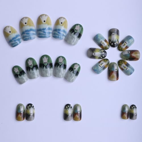 Ghost Press On Nails Short Almond Halloween Fake Nails Style19 - Reusable & Easy to Apply