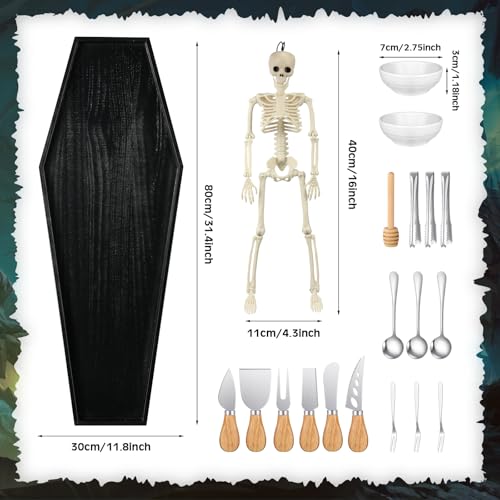 Halloween Coffin Charcuterie Board Set with Skull Stand and Utensils - 32 Inch Spooky Serving Platter