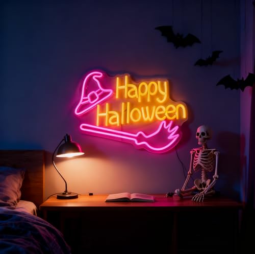 Happy Halloween Neon Sign - Pink Witch Hat & Broom LED Decor - 16.5x11 in - USB Powered - Variation of THIS listing