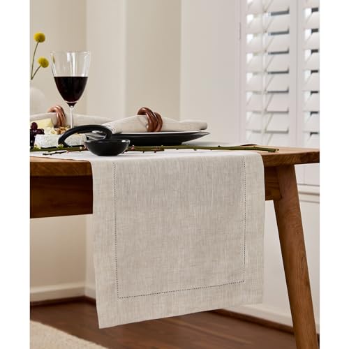 Light Natural Linen Table Runner 14x90 Inch - Classic Hemstitch, Handcrafted