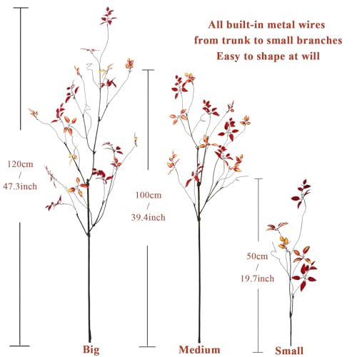 3Pcs Faux Tree Twig Branches Fall Leaves for Vase Decor - Red