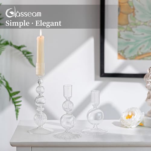 Clear Glass Candlestick Holders Set - 3 Tall Taper Candle Holders with Variation