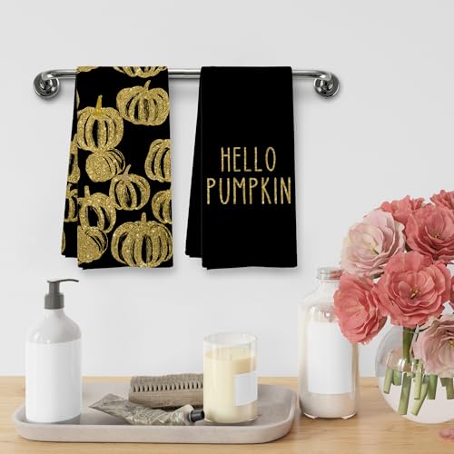 Fall Hello Pumpkin Black Kitchen Towels Set - Gold Pumpkin Decor, 16x24 Inch