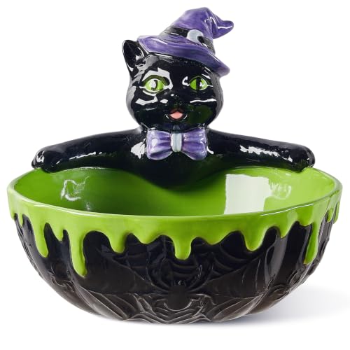 Purple Black Halloween Cauldron Candy Bowl - 6.5-Inch Ceramic Cat Treat Dish