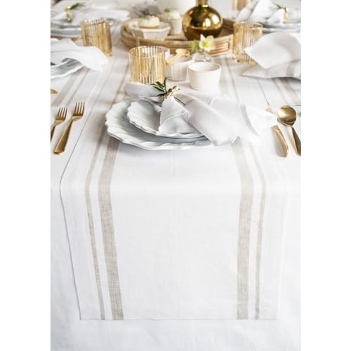 Linen Table Runner 14x108 Inches - Natural & White Striped, Handcrafted