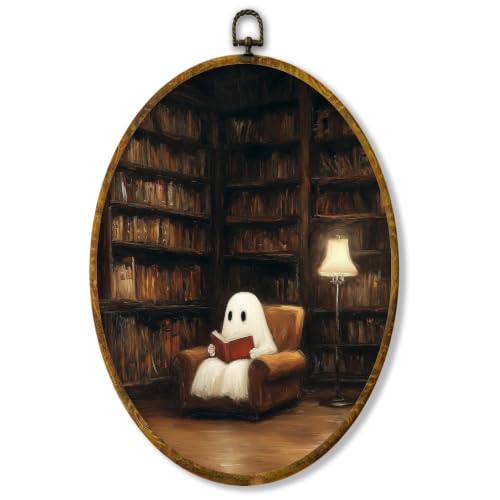Halloween Ghost Reading Book Wall Art Framed Oval Decor - Color05