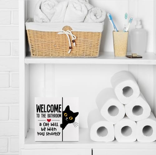 Funny Cat Bathroom Decor Wooden Box Sign - Rustic Toilet Sign with Variation Bathroom Cat