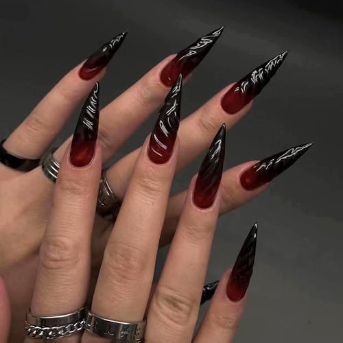 Press On Nails Long Stiletto Goth Red Black Vampire Design 24 pcs - Variation 06102Red&Black
