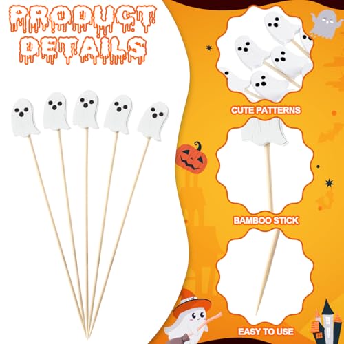 Halloween Ghost Cocktail Picks - 100 Bamboo Food Skewers for Party
