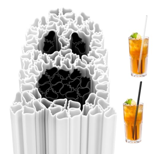 Halloween Ghost Shaped Plastic Drinking Straws - White & Black, 50 Pack