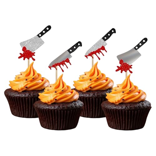 Halloween Cupcake Toppers with Bloodstained Knife Design - 24 Pcs Party Decorations