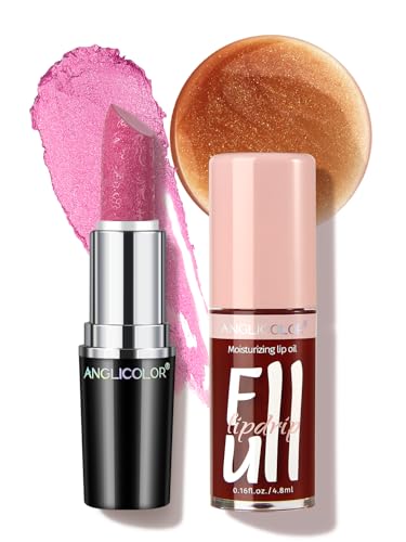 Anglicolor 2PC Lip Oil & Metallic Glitter Pink Lipstick - Gaia+15