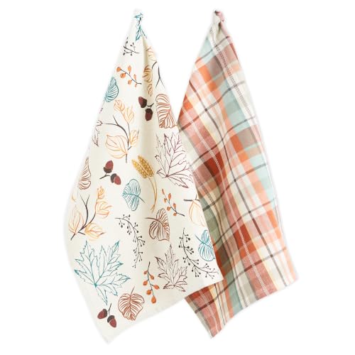 Fall Leaves Kitchen Dishtowel Set - Printed & Plaid Autumn Dish Towels, 2 Pack, 18x28