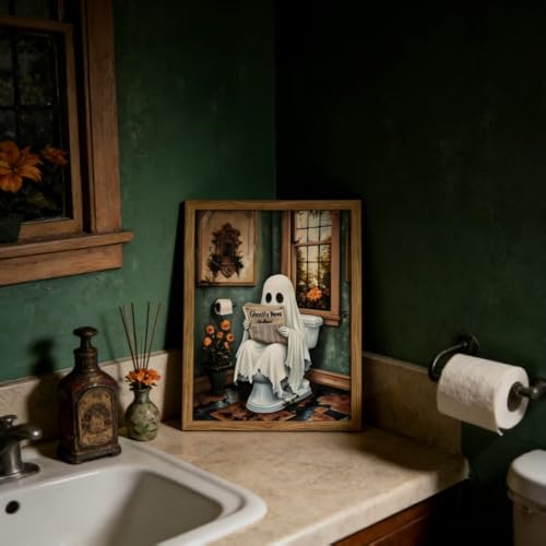 Ghost Reading Newspaper Wall Art - 10x8 Inch Framed Halloween Bathroom Decor - Whimsical Ghost Wall Print