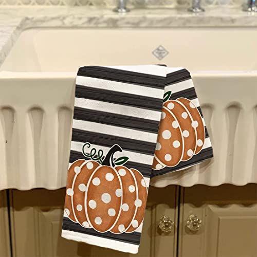 Fall Kitchen Towels Set of 2 - Orange Polka Dot Pumpkin Decor - Rustic Variation