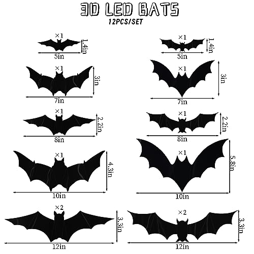 Halloween LED Bat Wall Stickers Set - 12 Bats in 5 Sizes, Reusable & Easy to Install