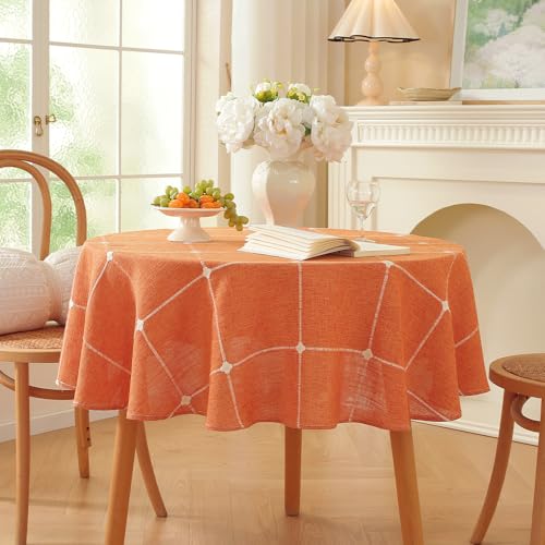 Burnt Orange Round Linen Tablecloth 53 Inch Fall Dining Cover with Variation